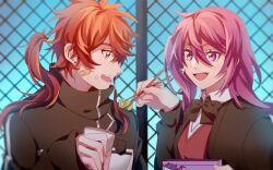  1boy 1girl aisha_landar black_bow black_bowtie black_jacket bow bowtie collared_shirt ear_piercing earrings elsword elsword_(character) feeding holding_bento jacket jewelry kat_0617 long_hair long_sleeves open_mouth piercing ponytail purple_hair red_eyes red_hair red_vest shirt single_earring upper_body vest violet_eyes white_shirt 