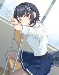  1girl absurdres black_hair breasts chair ellen_joe ellen_joe_(on_campus) fins fish_tail grey_pantyhose hair_ornament highres indoors large_breasts long_sleeves looking_at_viewer mole mole_under_eye multicolored_hair no_plan_a official_alternate_costume on_chair orange_eyes pantyhose pleated_skirt red_hair school_uniform shark_girl shark_tail shirt short_hair sitting skirt solo tail v white_shirt white_trim x_hair_ornament zenless_zone_zero 