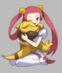 1girl ;d abra affectionate asagi1111 blush commentary_request grey_background hair_bobbles hair_ornament hair_rings highres holding holding_pokemon hug long_hair mira_(pokemon) one_eye_closed open_mouth pantyhose pink_eyes pink_hair pokemon pokemon_(creature) pokemon_(game) pokemon_dppt red_footwear red_shorts shirt shoes short_sleeves shorts simple_background sitting smile tongue twintails white_legwear white_shirt