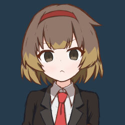  1girl :< black_jacket blue_background brown_eyes brown_hair closed_mouth commentary cropped hairband highres jacket lobotomy_corporation looking_at_viewer malkuth_(project_moon) multicolored_hair necktie project_moon red_hairband red_necktie shirt short_hair simple_background solo synaaap white_shirt 