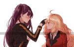  2girls ahoge bangs black_gloves black_necktie blonde_hair blush brown_eyes closed_mouth coat commentary curly_hair embarrassed english_commentary female_commander_(girls&#039;_frontline) from_side girls_frontline gloves hair_ribbon long_hair looking_at_another messy_hair military military_uniform multiple_girls necktie officer pleated_coat pleated_shirt ponytail purple_hair red_coat red_eyes red_ribbon redhead ribbon shirt side_ponytail silence_girl simple_background smile uniform very_long_hair wa2000_(girls&#039;_frontline) white_background white_shirt 