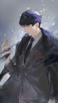  1boy absurdres arm_at_side aura bangs black_cape black_hair black_necktie blue_hair breast_pocket cape character_request closed_mouth collared_shirt dust formal fur-trimmed_cape fur_trim grey_background grey_jacket half-closed_eyes hand_up handkerchief highres jacket kkia light_and_night_love light_smile long_sleeves looking_at_hand looking_away looking_down male_focus necktie partially_unbuttoned pocket profile shards shirt short_hair solo suit upper_body violet_eyes white_shirt 