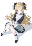  1girl absurdres black_dress blonde_hair blush bow cottone_(highjethoo) dress emilico_(shadows_house) eyebrows_visible_through_hair hair_bow highres long_hair looking_at_viewer simple_background sitting solo tagme two_side_up violet_eyes white_background 