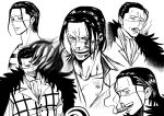  black_hair cigar crocodile_(one_piece) dissolving gimaug greyscale hair_slicked_back highres injury male_focus monochrome multiple_views one_piece scar scar_on_face smile smoking solo vest 