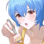 1girl ayanami_rei blue_eyes cake food fork maf_chen neon_genesis_evangelion open_mouth redhead simple_background spoon white_background 
