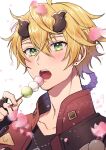  1boy black_gloves blonde_hair dango eating fake_horns fingerless_gloves food genshin_impact gloves green_eyes headband holding horned_headwear horns jacket jewelry male_focus miryoryo9 necklace open_mouth protected_link solo thoma_(genshin_impact) twitter_username wagashi 