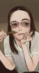  1girl animification brown_eyes brown_hair fake_facial_hair fake_mustache freckles genderswap genderswap_(mtf) glasses highres holding_mustache looking_at_viewer mossacannibalis parted_lips real_life ricky_berwick shirt short_sleeves solo upper_body white_shirt 