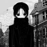  1girl aircraft airplane bomb clouds cloudy_sky coat greyscale hat highres lamppost looking_at_viewer monochrome narue original scarf short_hair sky solo tower when_you_see_it 