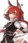  1girl animal_ears arknights armor bangs black_jacket brown_eyes diqihaocangku eyebrows_visible_through_hair flametail_(arknights) hat highres jacket long_hair long_sleeves redhead shoulder_armor simple_background smile solo squirrel_ears tail upper_body vambraces white_background 