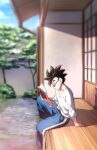  1boy arm_support book dragon_ball glasses holding holding_book male_focus pants reading rom_(20) shirt sitting solo son_gohan spiky_hair white_shirt 