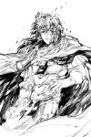 1boy armor bags_under_eyes blood blood_on_face broken_halo cape commentary constantine_xi_(fate) earrings fate/grand_order fate_(series) gloves greyscale hair_between_eyes halo highres jewelry long_hair looking_at_viewer male_focus monochrome outstretched_hand parted_lips solo umu_(um) upper_body white_background 