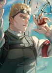  1boy alternate_costume armband blonde_hair blood blood_on_hands clouds day facial_hair goggles goggles_on_head highres injury male_focus outdoors parachute parted_lips reiner_braun shingeki_no_kyojin shirt short_hair sky solo sssida3 undershirt upper_body weapon white_shirt 