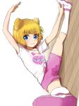  13-gou 1girl blonde_hair blue_eyes breasts character_request closed_mouth feet_out_of_frame looking_at_viewer pretty_(series) pripara shoes short_hair shorts sneakers solo stretch 