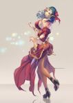  1girl avatar_(ff14) blue_hair bow claparo-sans commission dress earrings elezen elf feathers final_fantasy final_fantasy_xiv floor_reflection high_heels highres jewelry light_particles long_hair original pantyhose pointy_ears red_bow red_dress standing tiara walking yellow_eyes 