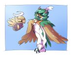  bird black_eyes border commentary_request decidueye eye_contact full_body hand_up highres looking_at_another no_humans open_mouth pkpokopoko3 pokemon pokemon_(creature) shedinja talons white_border yellow_eyes 