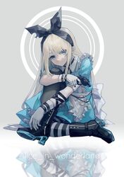  1girl alice_(alice_in_wonderland) alice_in_wonderland blonde_hair blue_dress blue_eyes circle copyright_name dress gloves grey_background gun hair_ribbon handgun highres long_hair looking_at_viewer miike_(992058) multicolored_clothes ribbon solo striped striped_legwear weapon white_background 