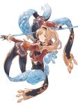  1girl arm_up armor blonde_hair blue_eyes blue_hair commentary_request granblue_fantasy headband highres long_hair looking_at_viewer polearm shimatani_azu simple_background smile solo spear twintails weapon zeta_(granblue_fantasy) zeta_(water)_(granblue_fantasy) 