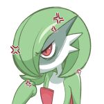 1girl anger_vein angry bags_under_eyes bangs bob_cut clenched_hand colored_skin commentary_request flat_chest gardevoir green_hair green_skin green_theme hair_over_one_eye half-closed_eyes hanamoru hand_up multicolored_skin one_eye_covered pokemon pokemon_(creature) red_eyes shaded_face short_hair simple_background solo two-tone_skin upper_body white_background white_skin 