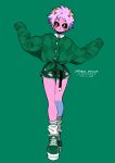  1girl absurdres alternate_costume anna_(aannnaa3) argyle argyle_cardigan ashido_mina bare_legs black_sclera blush boku_no_hero_academia buttons cardigan character_name collared_shirt colored_sclera colored_skin commentary copyright_name full_body green_background green_cardigan green_footwear green_shorts hands_up highres horns looking_to_the_side open_mouth pink_hair pink_skin shirt shoes short_hair shorts simple_background sleeves_past_fingers sleeves_past_wrists sneakers socks solo standing white_legwear yellow_eyes yellow_horns 