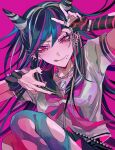  1girl :q asymmetrical_legwear bangs black_hair black_nails black_scrunchie black_skirt blue_hair danganronpa_(series) danganronpa_2:_goodbye_despair fang fingerless_gloves gloves grey_shirt hair_horns highres jewelry knees_up kuroume_(aihikarikuroume24) long_hair mioda_ibuki mismatched_legwear mouth_piercing multicolored_hair nail_polish neckerchief necklace piercing pink_background pink_eyes pink_hair pink_neckerchief school_uniform scrunchie serafuku shirt short_sleeves simple_background skin_fang skirt smile solo striped striped_gloves thigh-highs tongue tongue_out torn_clothes torn_legwear white_hair wrist_scrunchie 