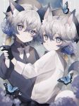  2boys animal_ears black_shirt blue_eyes bow bowtie brothers bug butterfly cat_boy cat_ears cat_tail flower grey_eyes grey_hair hat highres hydrangea long_sleeves looking_at_viewer male_focus multiple_boys namiki_itsuki original shirt siblings tail twins white_shirt 