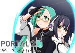  .live 2girls animal_costume black_gloves black_hair closed_mouth elbow_gloves glasses gloves green_eyes green_hair headphones highres hpaliver humboldt_penguin_(kemono_friends) kagura_suzu_(.live) kemono_friends kemono_friends_v_project long_hair looking_at_viewer multiple_girls open_mouth penguin_costume penguin_tail short_hair tail virtual_youtuber 