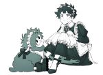  1boy alternate_costume animal animalization apron bangs black_eyes boku_no_hero_academia boots bow clenched_hand closed_mouth collared_dress commentary crossdressing curly_hair dress freckles frilled_apron frilled_dress frills green_bow green_footwear green_fur green_hair hand_on_own_knee high_heels highres korean_commentary long_sleeves looking_at_viewer maid maid_apron maid_headdress male_focus midoriya_izuku monochrome on_floor qhsrp_moy ribbon sheep shoes short_hair simple_background sitting sneakers spot_color sweatdrop white_apron white_background white_headdress white_headwear 