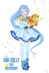  absurdres anniversary blue_dress blue_eyes blue_hair blue_legwear boots bouquet copyright_name count0x00 dress elbow_gloves flower gloves highres kantai_collection long_hair samidare_(kancolle) smile thigh-highs very_long_hair 