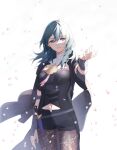  1girl aqua_eyes aqua_hair arm_up bangs black_shorts breasts buttons byleth_(fire_emblem) byleth_eisner_(female) closed_mouth clothing_cutout clovisxvii collar commentary_request cowboy_shot fire_emblem fire_emblem:_three_houses hair_between_eyes highres knife lips long_hair navel navel_cutout pantyhose petals short_shorts shorts simple_background solo standing weapon white_background white_collar 