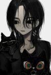  1girl black_cat black_coat black_hair cat coat earrings highres jewelry looking_at_viewer medium_hair mole mole_under_eye mole_under_mouth narue open_mouth original pale_skin parted_lips sharp_teeth simple_background solo teeth upper_body white_background 