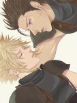  2boys arm_around_back armor belt black_hair blonde_hair blue_eyes blue_shirt closed_eyes cloud_strife earrings final_fantasy final_fantasy_vii hair_slicked_back highres jewelry multiple_boys parted_lips scar scar_on_cheek scar_on_face shirt shoulder_armor single_earring sleeveless sleeveless_turtleneck spiky_hair suspenders turtleneck upper_body user_apdg4354 zack_fair 