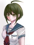  1girl ahoge alternate_hair_color bangs blue_sailor_collar breast_pocket breasts closed_mouth commentary_request danganronpa_(series) danganronpa_another_episode:_ultra_despair_girls green_eyes green_hair grey_background highres large_breasts naegi_komaru necktie pocket red_necktie sailor_collar short_hair simple_background solo upper_body xi_li_ye_wei 