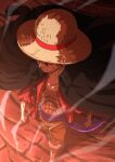  1boy clenched_hands coat coat_on_shoulders eyeshadow from_above hat makeup male_focus monkey_d._luffy musasabiop one_piece open_clothes open_shirt scar scar_on_chest smoke solo straw_hat walking 