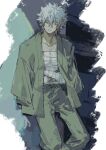  1boy bandaged_arm bandaged_chest bandages crossed_arms gintama highres injury jacket jacket_on_shoulders male_focus red_eyes sakata_gintoki solo standing white_hair ziyizhengjun 