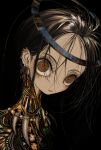 1girl black_background brown_eyes brown_hair ear_piercing earrings eye_focus halo highres jewelry looking_at_viewer narue necklace no_nose original parted_lips piercing portrait short_hair solo tooth_necklace wide-eyed 