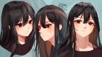  1girl artist_name bangs black_hair blush brown_shirt closed_mouth commentary cropped_torso dated english_commentary eyebrows_visible_through_hair hair_between_eyes kobutanori light_smile long_hair looking_at_viewer multiple_views original portrait red_eyes shirt 