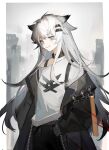  1girl alternate_costume animal_ears arknights black_choker black_coat blue_eyes bra_strap casual choker coat collarbone cowboy_shot grey_hair hair_ornament hairclip hand_in_pocket highres lappland_(arknights) long_hair long_sleeves looking_at_viewer off_shoulder open_clothes open_coat parted_lips scar scar_across_eye scar_on_face shirt single_bare_shoulder smile solo very_long_hair white_shirt wolf_ears 