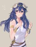  1girl armlet bangs bare_shoulders blue_eyes blue_hair bracelet dress fes4 fire_emblem fire_emblem_awakening fire_emblem_heroes flower hair_between_eyes hair_flower hair_ornament jewelry long_hair looking_at_viewer lucina_(fire_emblem) official_alternate_costume sleeveless sleeveless_dress smile solo upper_body white_dress 