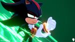  1boy artist_logo artist_name black_fur drexis_anim fire frown gauntlets gloves green_fire half-closed_eyes highres looking_to_the_side male_focus multicolored_fur pointy_nose red_eyes red_fur shadow_the_hedgehog signature solo sonic_(series) spiky_hair white_fur wristband 