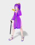  1girl anklet bow breasts chinese_clothes closed_mouth curious dudou flats full_body hair_ornament hair_tie high_ponytail holding holding_paper holding_sword holding_weapon jewelry kanzashi legs_apart looking_at_viewer medium_breasts medium_hair medium_skirt original paper pink_skirt purple_footwear purple_hair purple_robe quyen_trinh_5 shadow sidelocks sideways_glance simple_background skirt solo standing sword talisman tassel vietnamese_clothes violet_eyes weapon white_background yellow_bow yellow_headwear 