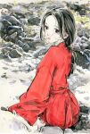  1girl absurdres black_hair blue_eyes blush chichi_chichi dress hair_strand highres long_hair long_sleeves looking_back original painting_(medium) ponytail red_dress rock sitting snow solo traditional_media upper_body 