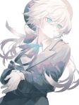  1boy androgynous bishounen blue_eyes bow bowtie formal gloves grey_shirt hat highres long_hair long_sleeves looking_to_the_side male_focus namiki_itsuki original shirt solo suit white_background white_hair white_shirt 