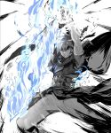  1boy blue_eyes blue_fire cape cape_lift clothes_lift fire fire_emblem fire_emblem:_path_of_radiance flaming_sword flaming_weapon frown greyscale headband highres ike_(fire_emblem) looking_at_viewer male_focus monochrome muscular muscular_male pants shirt_lift solo spiky_hair teeth weapon yourfreakyneighbourh 