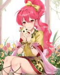  1girl blush bow commission dress eyebrows_visible_through_hair fire_emblem fire_emblem:_mystery_of_the_emblem fire_emblem_heroes flower hair_bow haru_(nakajou-28) highres holding long_hair phina_(fire_emblem) pink_eyes pink_hair ponytail short_dress short_sleeves sitting smile solo tree white_background wristband yellow_dress 