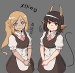  2girls animal_ears apron ascot blonde_hair blue_eyes bob_cut brown_dress brown_hair closed_mouth doll doll_joints dress horns joints looking_at_viewer multiple_girls niseoto original pink_ascot ponytail smile tail waist_apron white_apron 