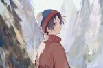  absurdres beanie black_hair blue_eyes from_behind hat highres looking_back outdoors short_hair smile solo south_park stan_marsh toukashi_(2tou9) tree 