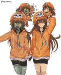  2girls absurdres artist_name bike_shorts brown_eyes brown_hair chibi dual_persona guilty_gear guilty_gear_strive highres holding_hands hood hoodie may_(guilty_gear) mil17459623 multiple_girls orange_headwear orange_hoodie robo-may twitter_username 