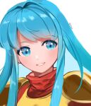  1girl aqua_eyes aqua_hair armor bangs blush eirika_(fire_emblem) eyebrows_visible_through_hair fire_emblem fire_emblem:_the_sacred_stones highres long_hair pauldrons red_shirt shirt shoulder_armor smile solo ttt_fe3 twitter_username upper_body white_background 