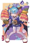  1girl akagi_asahito bandaged_leg bandages bangs bone_necklace candy commentary_request duel_monster food ghost hair_ornament halloween halloween_costume highres jack-o&#039;-lantern jewelry live_twin_lil-la multicolored_hair mummy_costume necklace open_mouth pink_eyes shark stuffed_toy yu-gi-oh! 