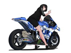  1girl adidas bob_cut from_behind ground_vehicle highres jacket looking_at_viewer moto_gp motor_vehicle motorcycle on_motorcycle original pants pwnedbyusagi shoes short_hair smile suzuki suzuki_(company) track_jacket v 